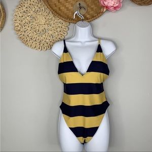 Aerie Womens Swimsuit Large Multicolor Striped One Piece Low Cut Deep V-Neck